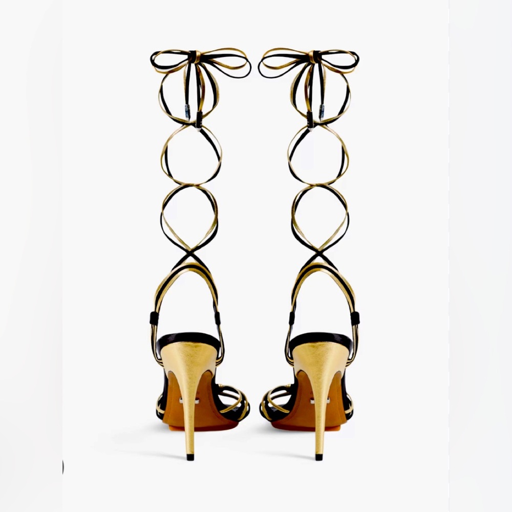 REISS (NWOT)
CASSIDY SANDAL
SIZE EU 38 / US FIT (7.5) 
GOLD / BLACK - Picture 11 of 16
